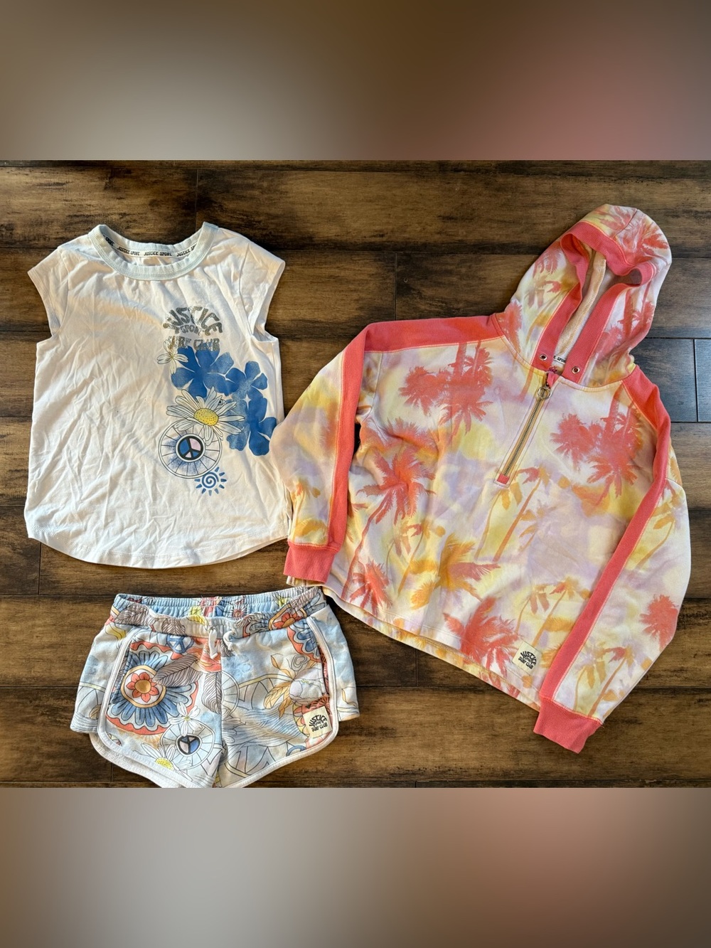 Justice Kids Coral, Yellow & White Tie-Dye Palm Hoodie Set